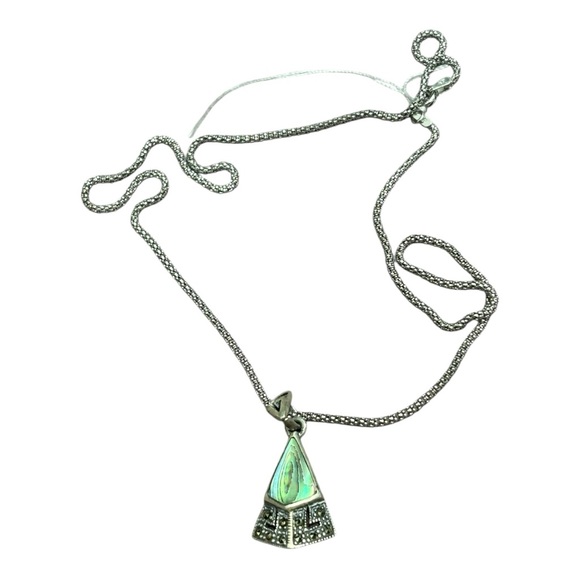 Vintage 925 Sterling Silver Abalone Pendant with Marcasite Accents 18” Necklace - Picture 1 of 8